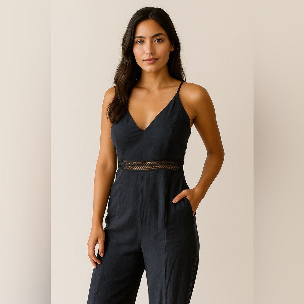 Main Strip NWT linen cropped wide leg jumper romper black cutout size‎ small